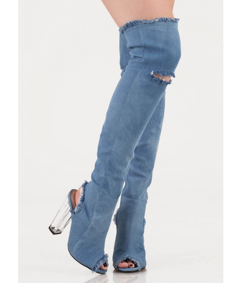 Incaltaminte femei cheapchic clear idea chunky denim thigh-high boots blue