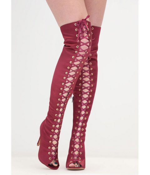 Incaltaminte femei cheapchic luxe so chic lace-up thigh-high boots wine