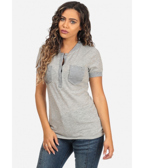 Image of Imbracaminte Femei CheapChic Cute Solid Grey Short Sleeve Button Up Neckline Stretchy Top Multicolor