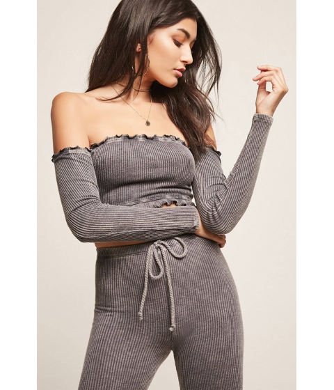 Image of Imbracaminte Femei Forever21 Ribbed Off-the-Shoulder Crop Top CHARCOAL