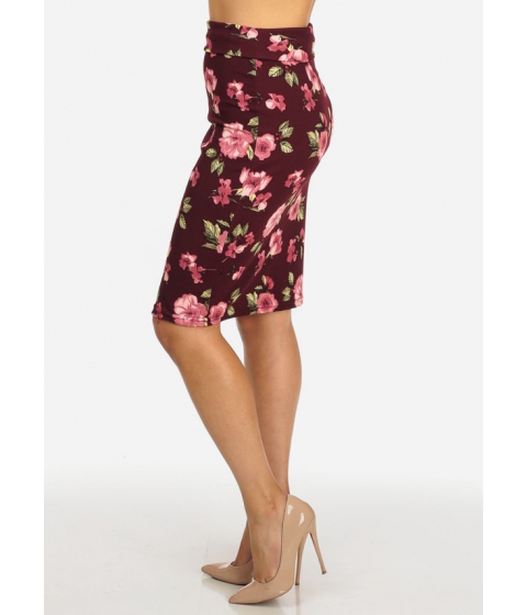 Image of Imbracaminte Femei CheapChic Burgundy High Waisted Floral Print Fold Over Knee Length Skirt Multicolor