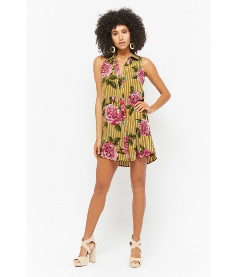 Image of Imbracaminte Femei Forever21 Floral Print Striped Mini Dress MUSTARD