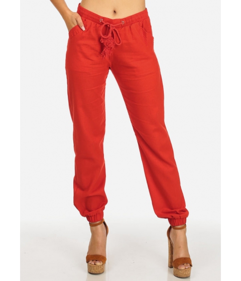 Image of Imbracaminte Femei CheapChic High Rise Red Drawstring Waist 2-Pocket Skinny Linen Pants Multicolor