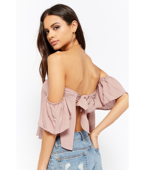 Image of Imbracaminte Femei Forever21 Off-the-Shoulder Self-Tie Crop Top ROSE