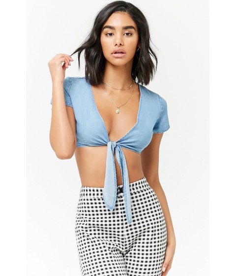 Image of Imbracaminte Femei Forever21 Chambray Tie-Front Crop Top DENIM