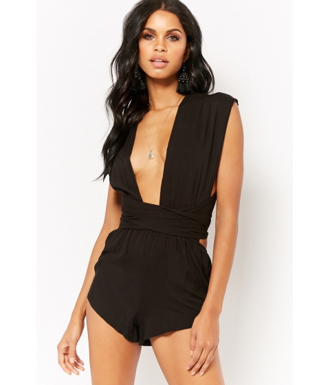 Image of Imbracaminte Femei Forever21 Plunging Wrap Romper BLACK