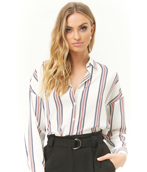 Image of Imbracaminte Femei Forever21 Striped High-Low Shirt IVORYNAVY