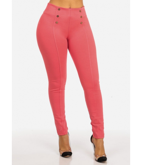 Image of Imbracaminte Femei CheapChic Solid Coral Mid Rise Elastic Waist Pants with Button Details in Front Multicolor
