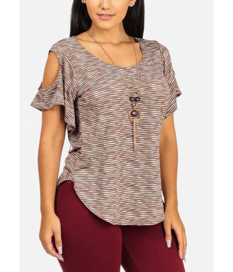 Image of Imbracaminte Femei CheapChic Brown Cold Shoulder Short Sleeve Top with Necklace Attached Multicolor