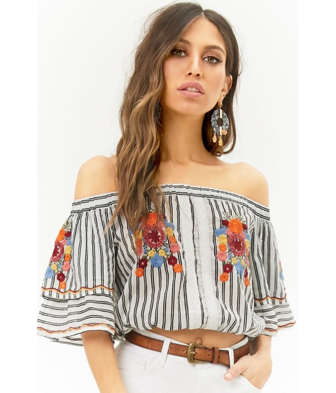 Image of Imbracaminte Femei Forever21 Floral Embroidered Striped Off-the-Shoulder Crop Top CREAMBLACK