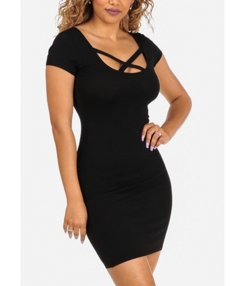 Image of Imbracaminte Femei CheapChic Short Sleeve Crisscross Neckline Slim Fit Solid Black Mini Dress Multicolor