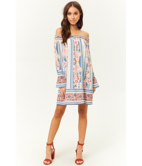 Image of Imbracaminte Femei Forever21 Crepe Floral Striped Off-the-Shoulder Dress IVORYMULTI
