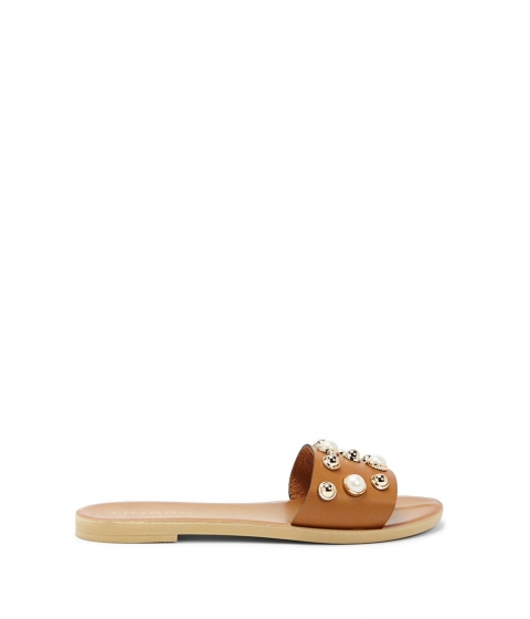 Image of Incaltaminte Femei Forever21 Embellished Faux Leather Slides TAN