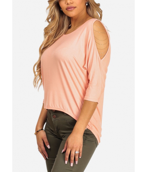 Image of Imbracaminte Femei CheapChic Stylish Peach Cold Shoulder 34 Sleeve Top w Gold Chain Details Multicolor