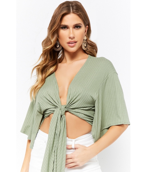 Image of Imbracaminte Femei Forever21 Ribbed Tie-Front Crop Top SAGE