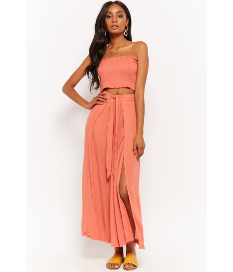 Image of Imbracaminte Femei Forever21 Smocked Tube Top Wide-Leg Pants Set CORAL