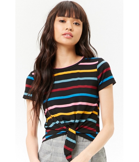 Image of Imbracaminte Femei Forever21 Multicolor Striped Knotted-Hem Top BLACKMULTI