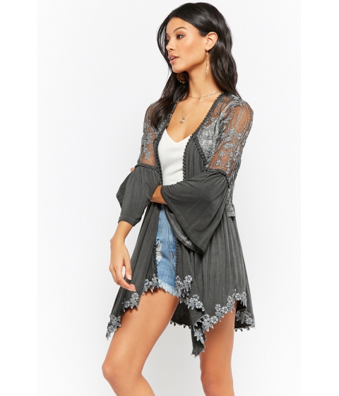 Image of Imbracaminte Femei Forever21 Sheer Mesh Floral Embroidered Oil Wash Knit Cardigan BLACK