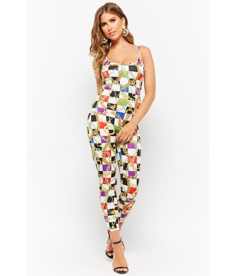 Image of Imbracaminte Femei Forever21 Checkered Baroque Chain Print Jumpsuit WHITEMULTI