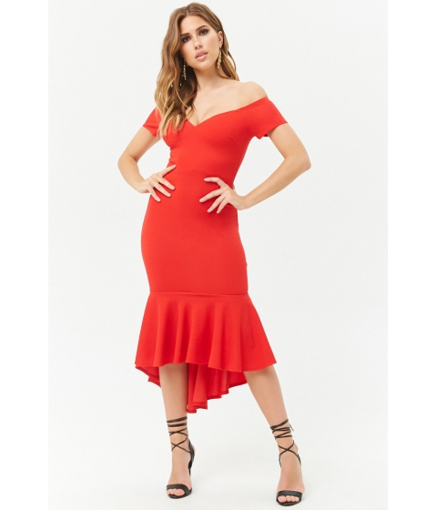 Image of Imbracaminte Femei Forever21 Off-The-Shoulder High-Low Dress CORAL