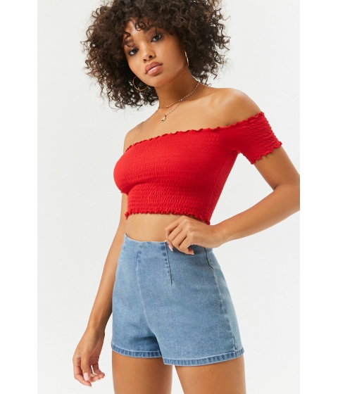 Image of Imbracaminte Femei Forever21 Smocked Off-the-Shoulder Crop Top RED