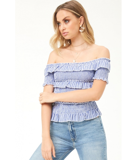 Image of Imbracaminte Femei Forever21 Tee Ink Linen Striped Smocked Top BLUE