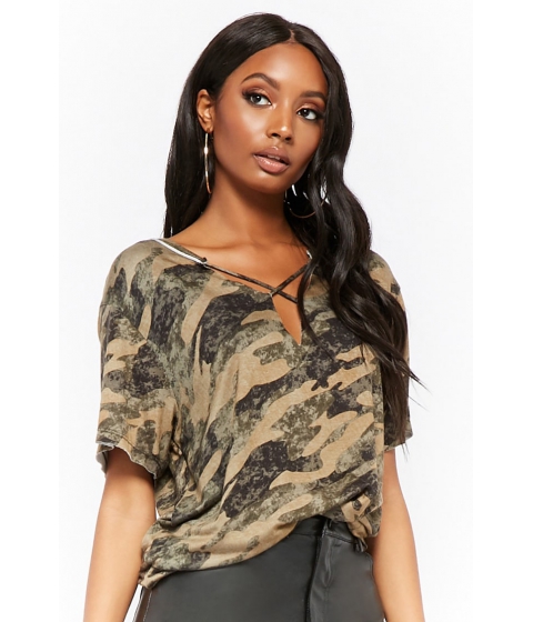Image of Imbracaminte Femei Forever21 French Terry Camo Strappy Raw-Cut Top OLIVEMULTI