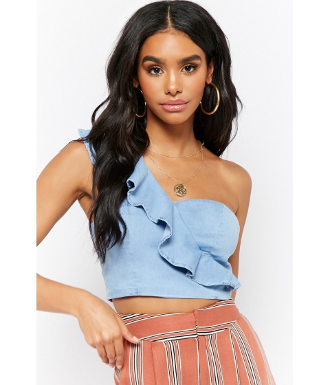 Image of Imbracaminte Femei Forever21 Chambray Ruffle One-Shoulder Crop Top LIGHT DENIM