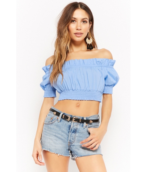 Image of Imbracaminte Femei Forever21 Smocked Off-the-Shoulder Crop Top BLUE