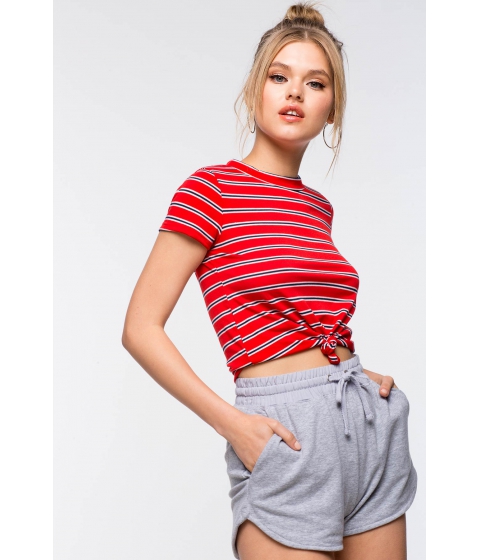 Image of Imbracaminte Femei CheapChic Stripe Knot Front Tee Red Pattern