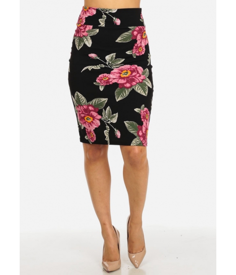 Image of Imbracaminte Femei CheapChic Black and Pink High Waisted Floral Print Stretchy Pull On Skirt Multicolor
