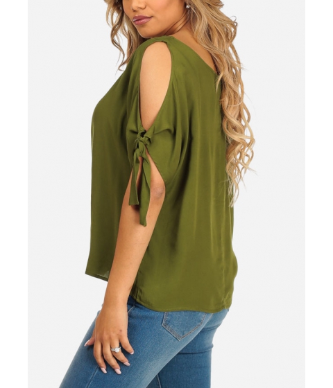 Image of Imbracaminte Femei CheapChic Cold Shoulder Short Sleeve Solid Olive Slip On Lightweight Top Multicolor