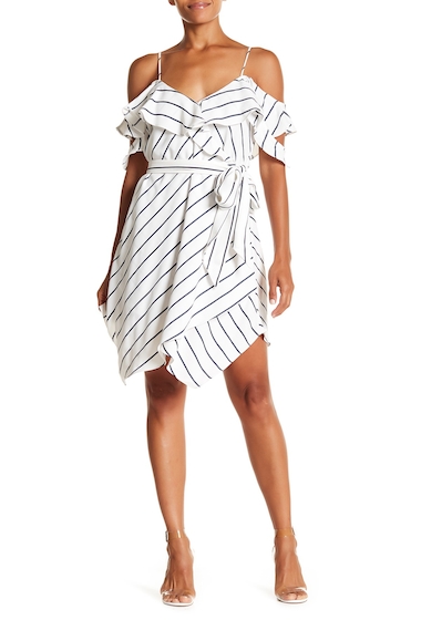 Image of Imbracaminte Femei Kendall Kylie Pinstripe Ruffle Wrap Dress WHITENAVY