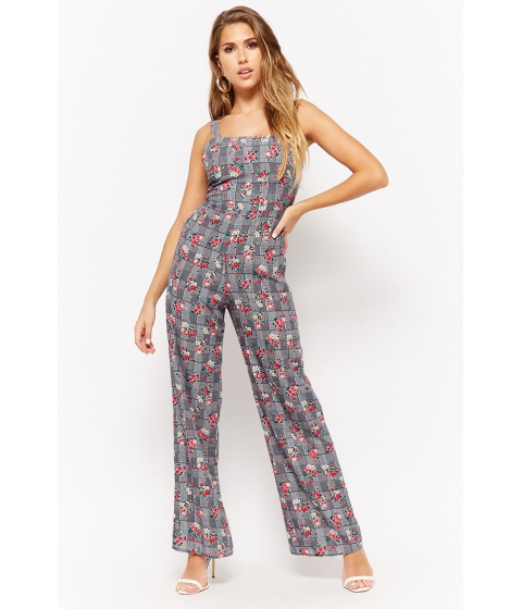 Image of Imbracaminte Femei Forever21 Houndstooth Floral Print Jumpsuit NAVYMULTI