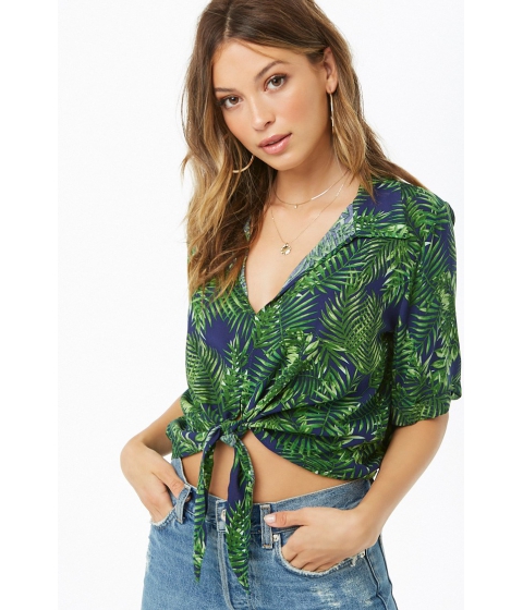 Image of Imbracaminte Femei Forever21 Palm Leaf Print Tie-Front Top BLUEGREEN