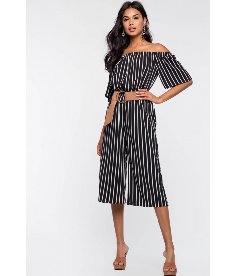 Image of Imbracaminte Femei CheapChic Stripe Off Shoulder Culotte Jumpsuit BlackWhite Pattern