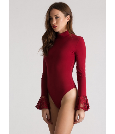 Imbracaminte Femei CheapChic A Little Lace Bell Sleeve Thong Bodysuit Red pret