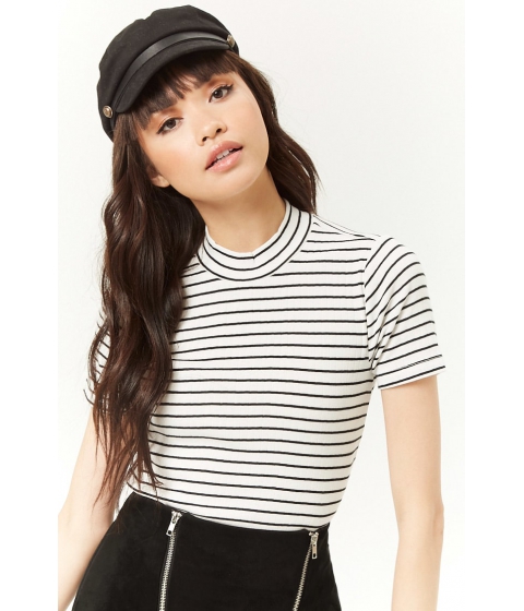 Image of Imbracaminte Femei Forever21 Striped Ribbed Mock Neck Tee CREAMBLACK