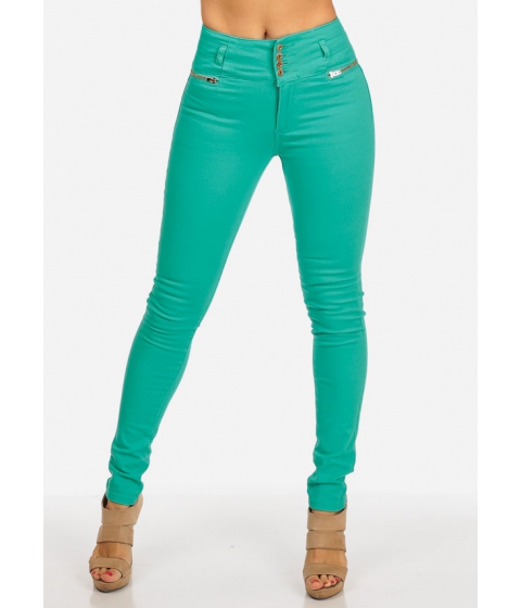 Image of Imbracaminte Femei CheapChic Ultra High Waist 4 Button Elastic and Zip Details Skinny Leg Mint Pants Multicolor