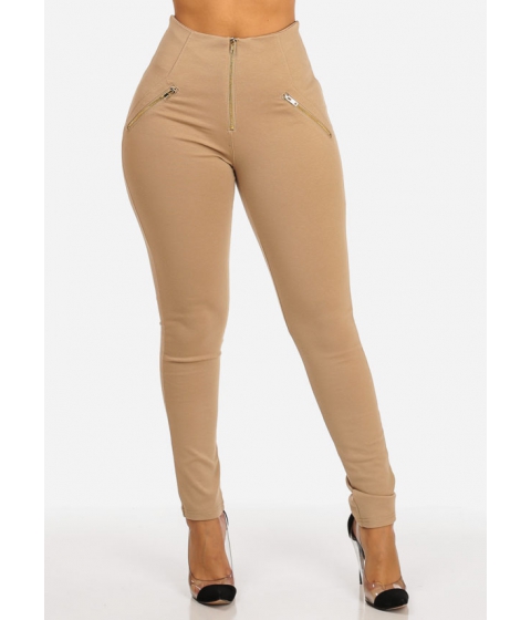 Image of Imbracaminte Femei CheapChic Khaki High Rise Elastic Waist Zipper Accents Stretchy Skinny Pants Multicolor