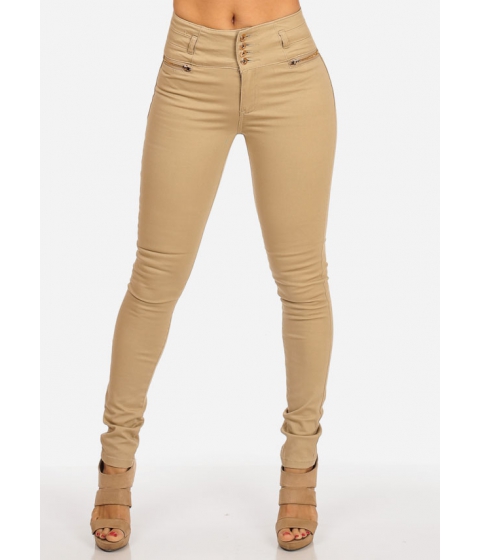 Image of Imbracaminte Femei CheapChic Ultra High Waist 4 Button Elastic and Zip Details Skinny Leg Khaki Pants Multicolor