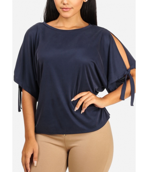 Image of Imbracaminte Femei CheapChic Casual Navy Ribbed Short Sleeve Top With Tie Knots Multicolor