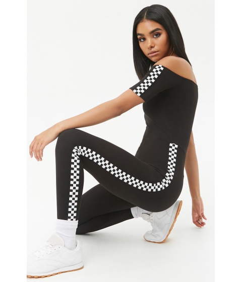 Image of Imbracaminte Femei Forever21 Checkered-Trim Off-the-Shoulder Jumpsuit BLACK