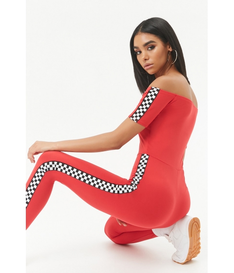 Image of Imbracaminte Femei Forever21 Checkered-Trim Off-the-Shoulder Jumpsuit RED