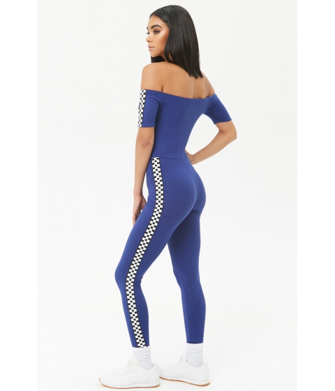 Image of Imbracaminte Femei Forever21 Checkered-Trim Off-the-Shoulder Jumpsuit ROYAL