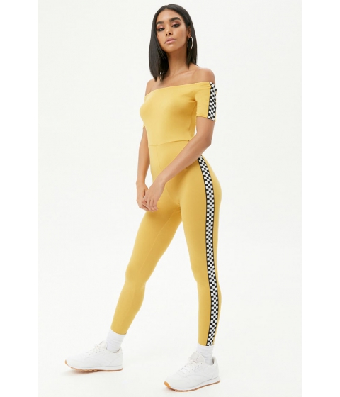 Image of Imbracaminte Femei Forever21 Checkered-Trim Off-the-Shoulder Jumpsuit YELLOW