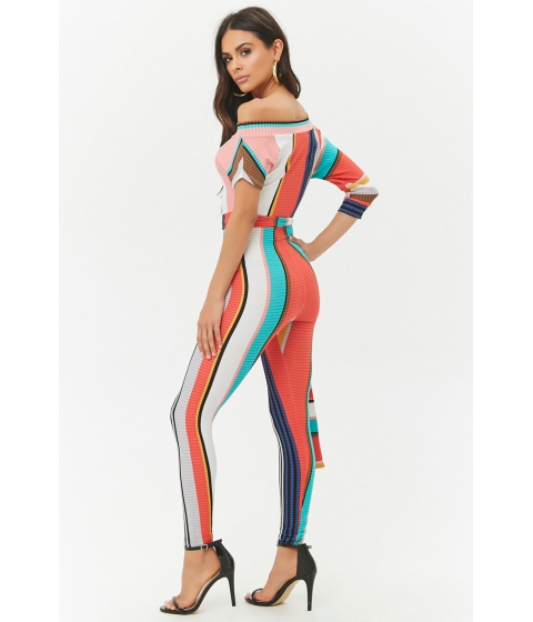 Image of Imbracaminte Femei Forever21 Striped Off-the-Shoulder Jumpsuit RED
