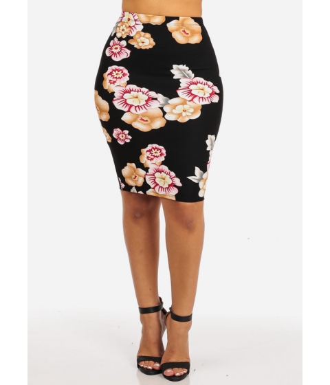 Image of Imbracaminte Femei CheapChic High Waisted Slim Fit Stretchy Floral Print Rib Black Pink Bodycon Skirt Multicolor