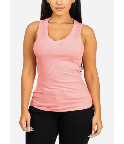 Image of Imbracaminte Femei CheapChic Basic Rib Design Sleeveless Top V-Neckline Pink Blouse Lightweight Multicolor