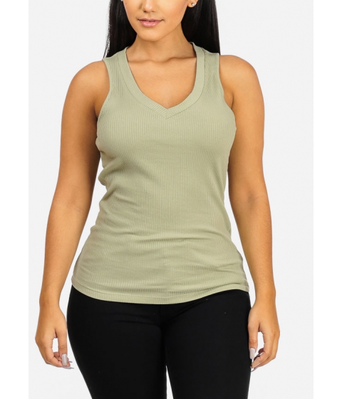 Image of Imbracaminte Femei CheapChic Basic Rib Design Sleeveless Top V-Neckline Green Blouse Lightweight Multicolor